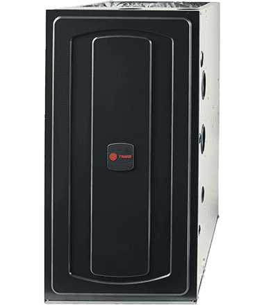 A Trane S9B1 gas furnace with dark gray casing and red Trane logo.