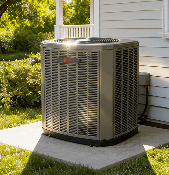 A Trane air conditioner is sitting outside of a home.