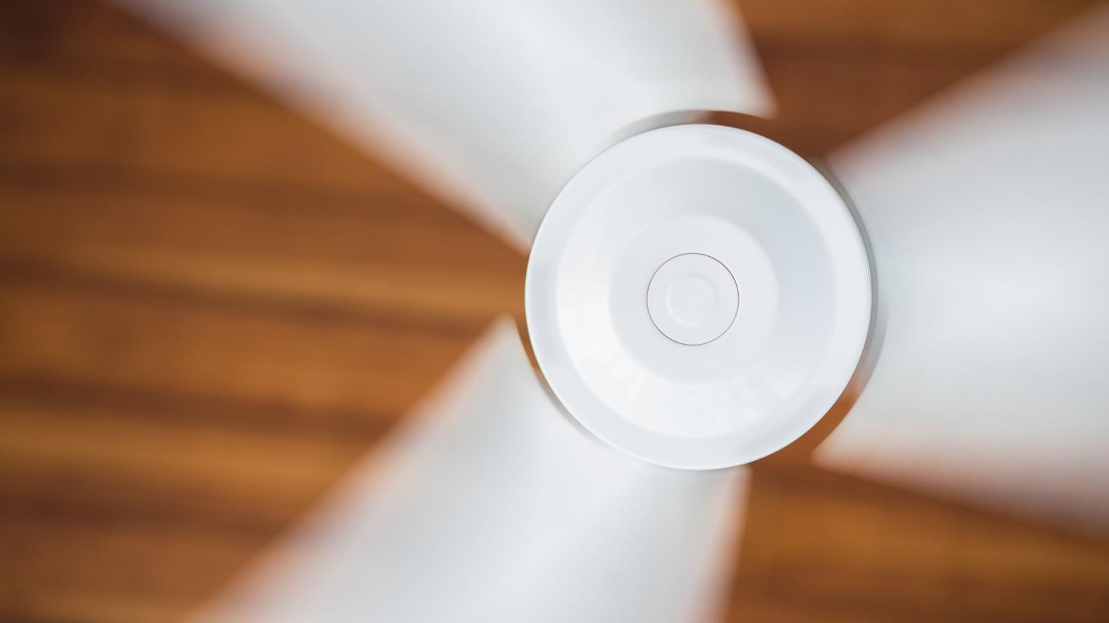 A white fan against a wood-grain background.