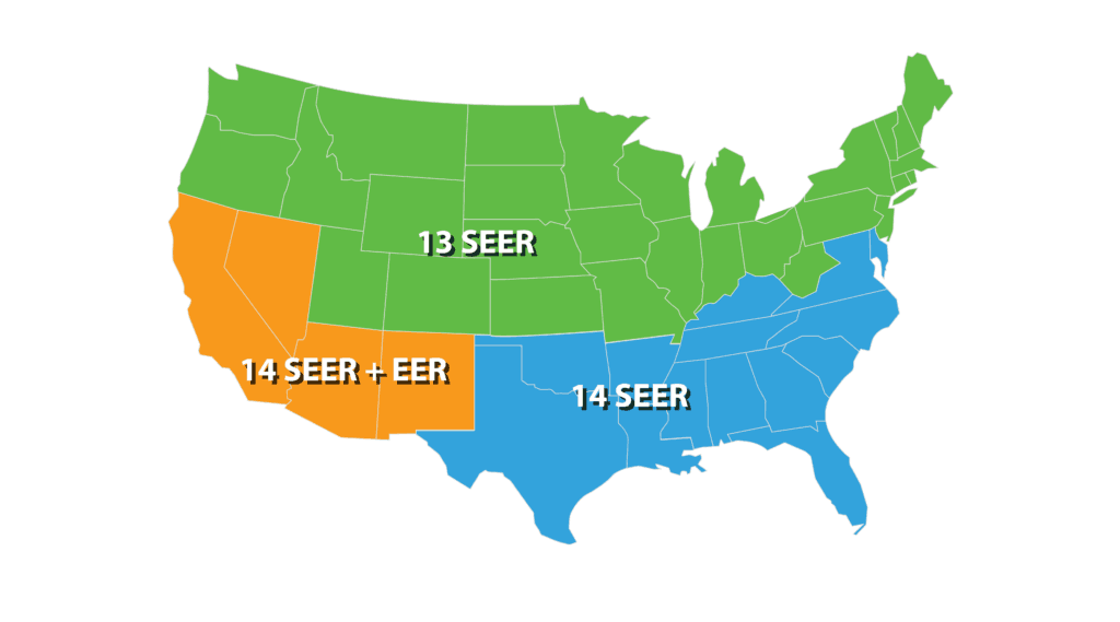 A map of the United States is broken into green, orange, and blue sections to show varying minimum SEER ratings throughout the country.