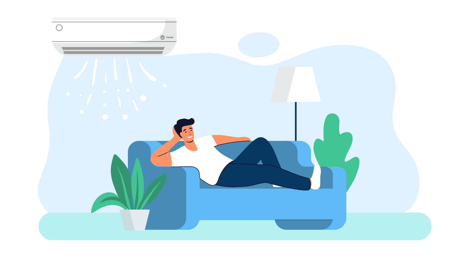 A ductless mini-split HVAC system cools a cartoon man who is lounging on a blue couch surrounded by green plants and a lamp.