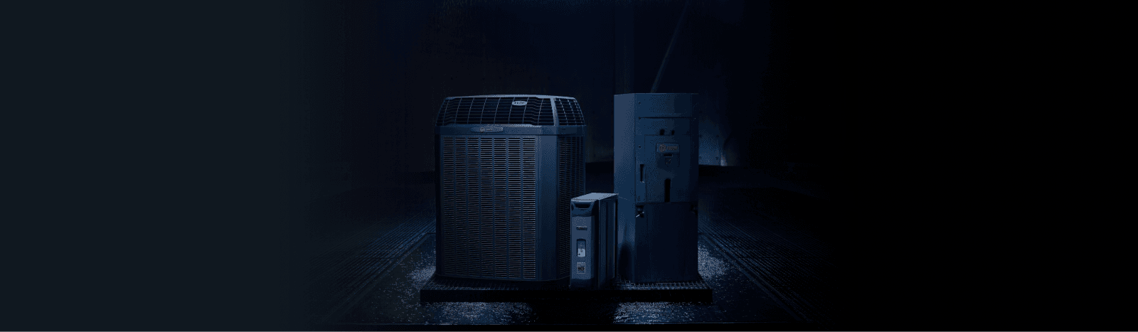 The Trane XV20i HVAC unit and related products are displayed against a dark background.