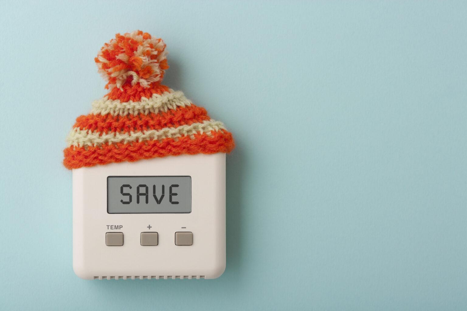 A thermostat that reads SAVE with a small red and yellow wool hat placed on top of it is installed on a blue wall.