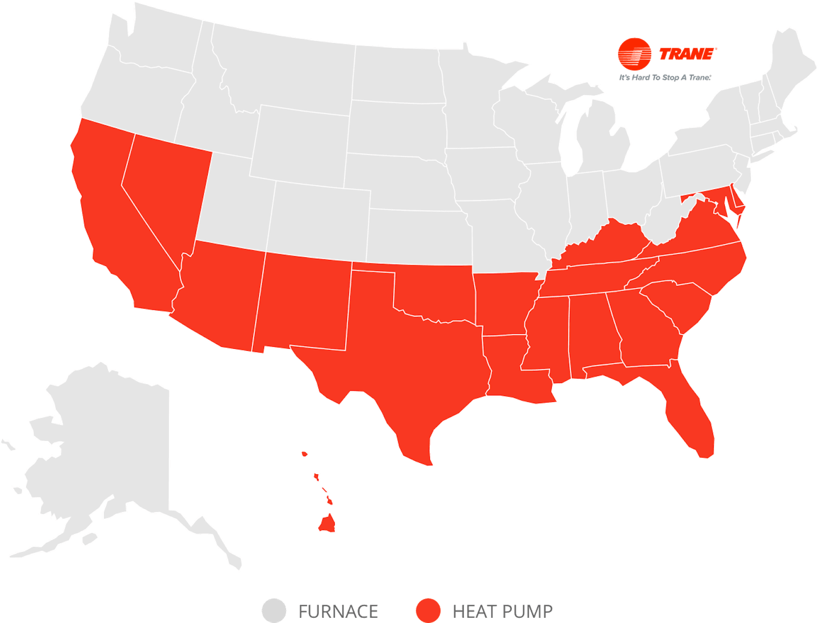 The southern half of the United States is turned red while the northern half is gray on a map of the country.