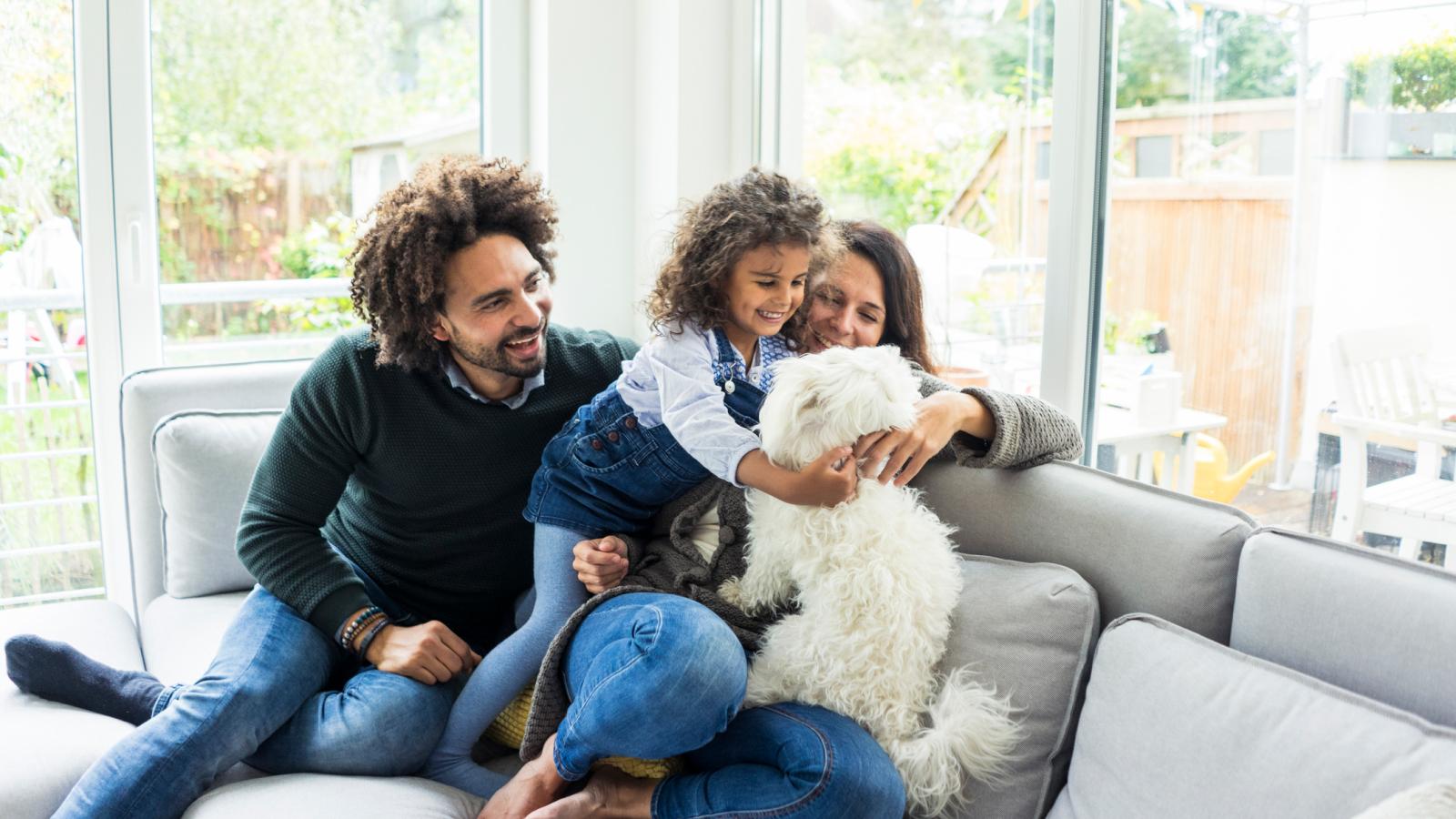 A mother, father, and child smile as they sit on a gray couch and pet their dog.