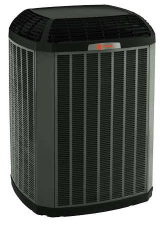 tall black rectangular air conditioner with the Trane logo at the top on the front side.