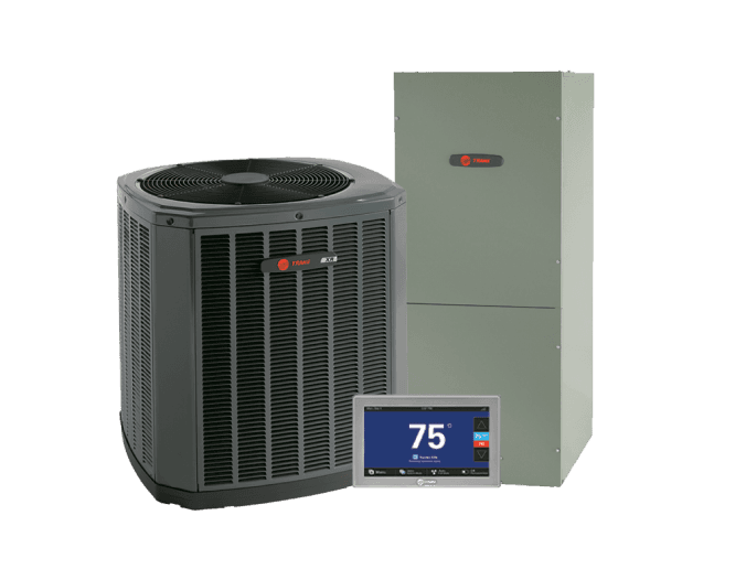 A Trane packaged system with heat pump, furnace, and thermostat. Combined these items make a hybrid system.
