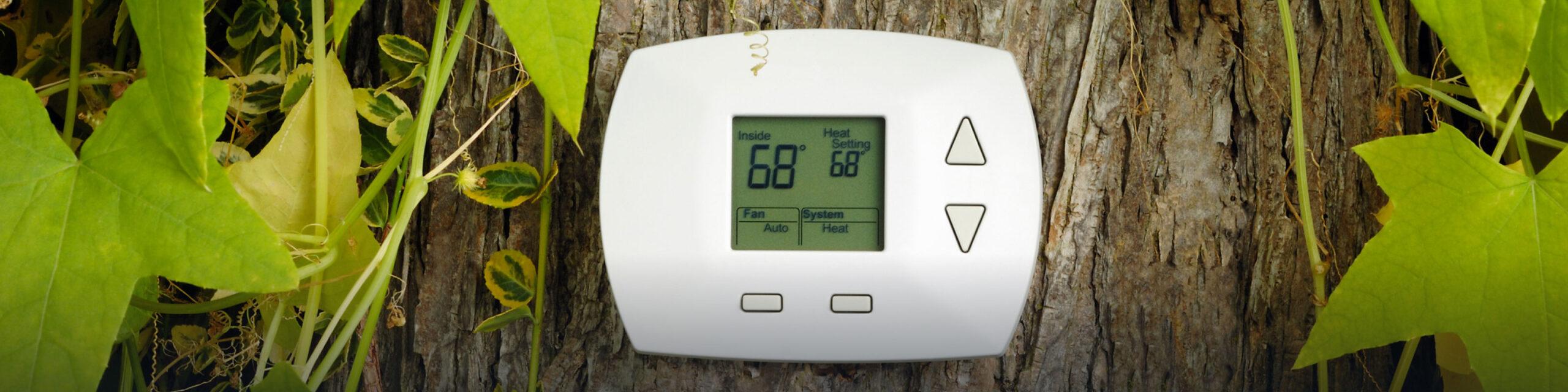 A white home thermostat is attached to a tree trunk.