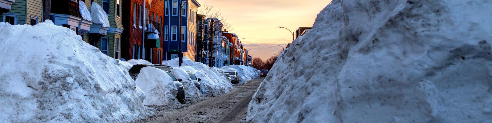 town covered in snow after a nor'easter storm