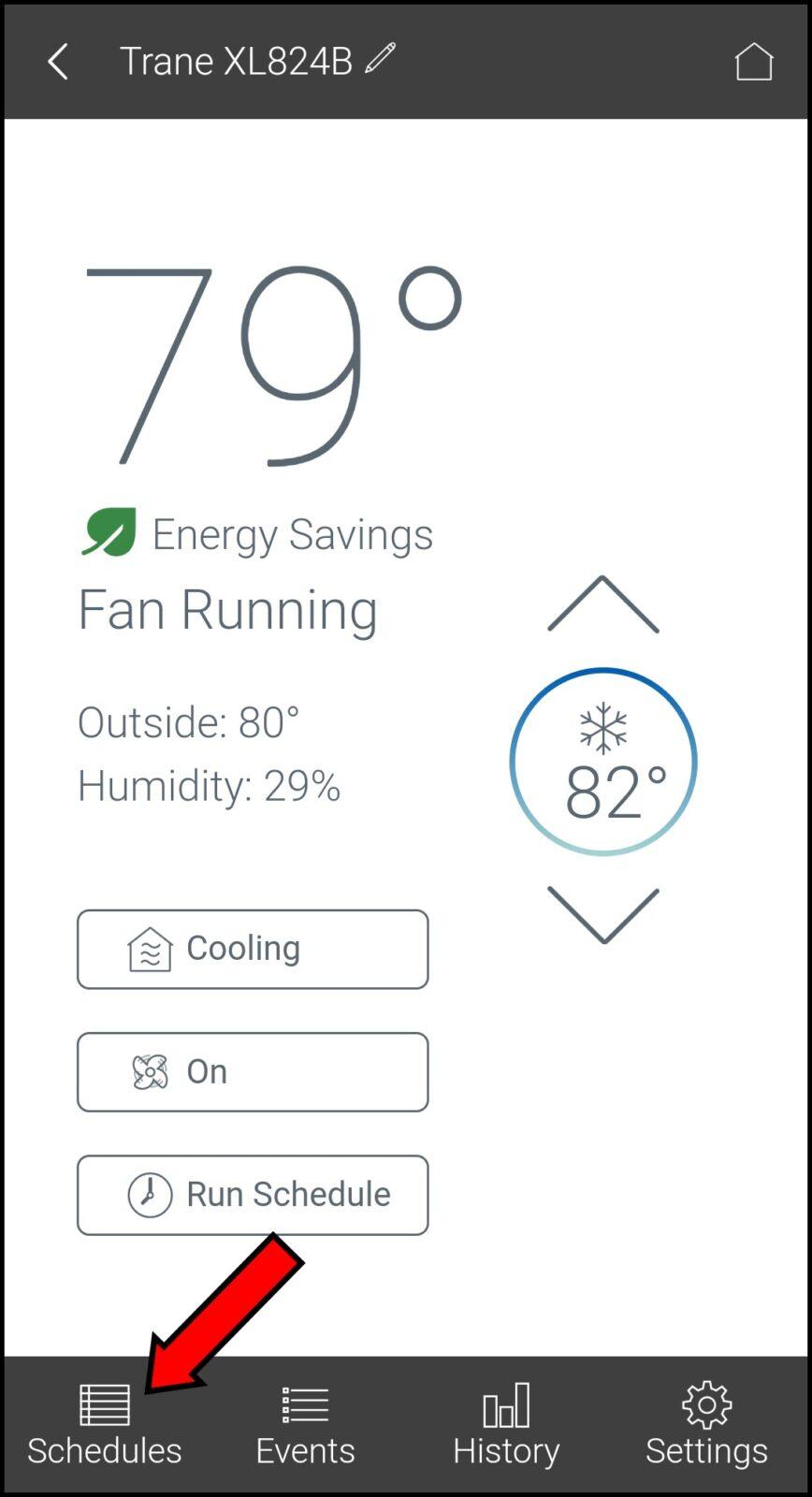 Trane Home App screenshot showing the indoor and outdoor temperatures and humidity levels, with options to schedule temperature, see events, usage history, or change settings.