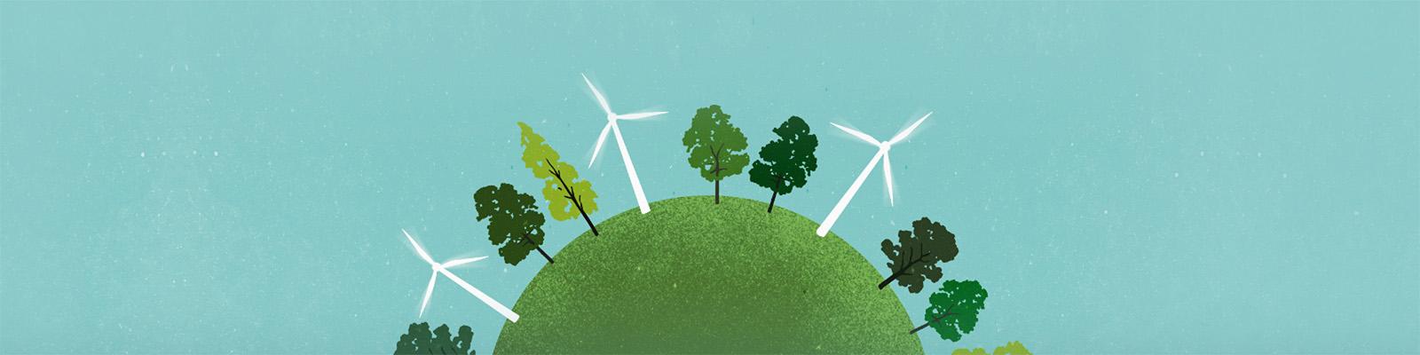 A vector drawing image of a blue sky and green grass globe with trees and wind turbines.