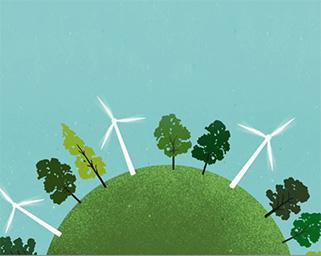 A vector drawing image of a blue sky and green grass globe with trees and wind turbines.