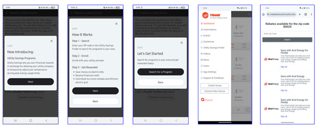 Mobile phone screenshots showing step-by-step instructions for locating and signing up for a utility savings/demand response program.