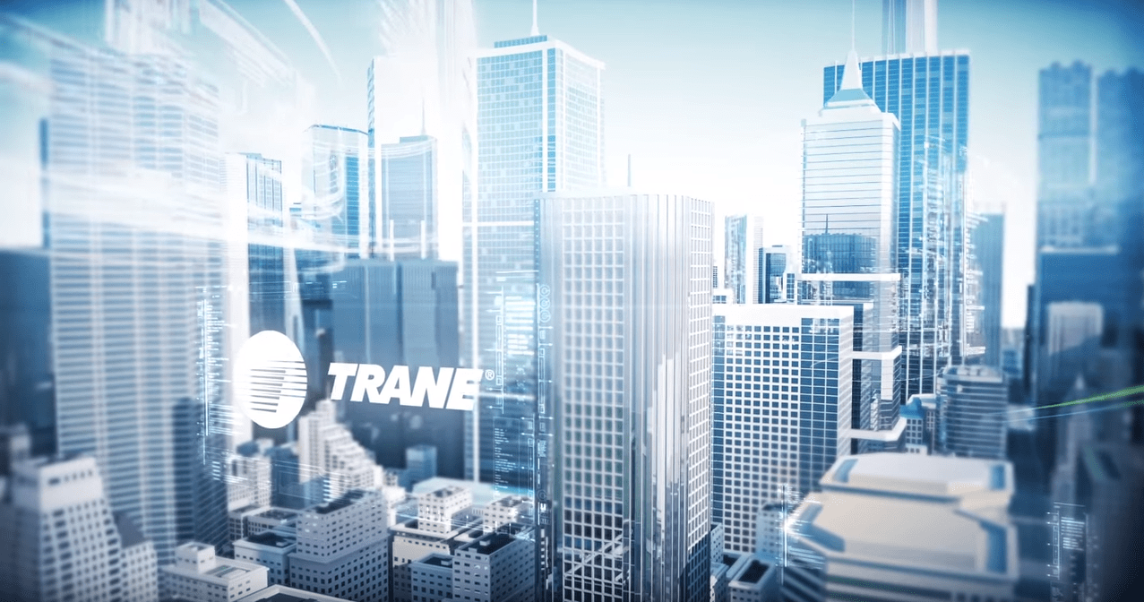 Trane logo in a cityscape