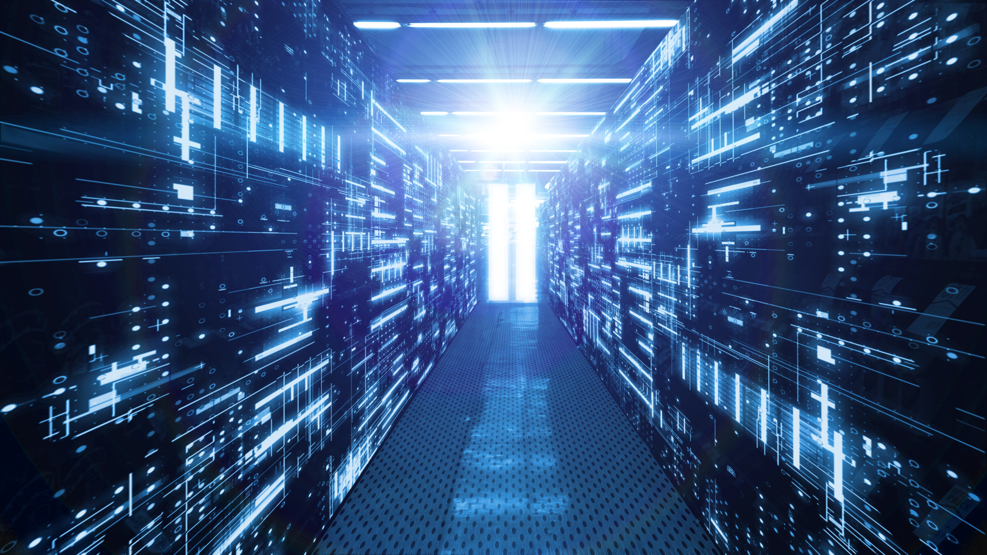 3D Rendering of data center room with abstract data servers and glowing led indicators, abstract network and ceiling lights. For Big data, machine learning, artificial intelligence concept background.