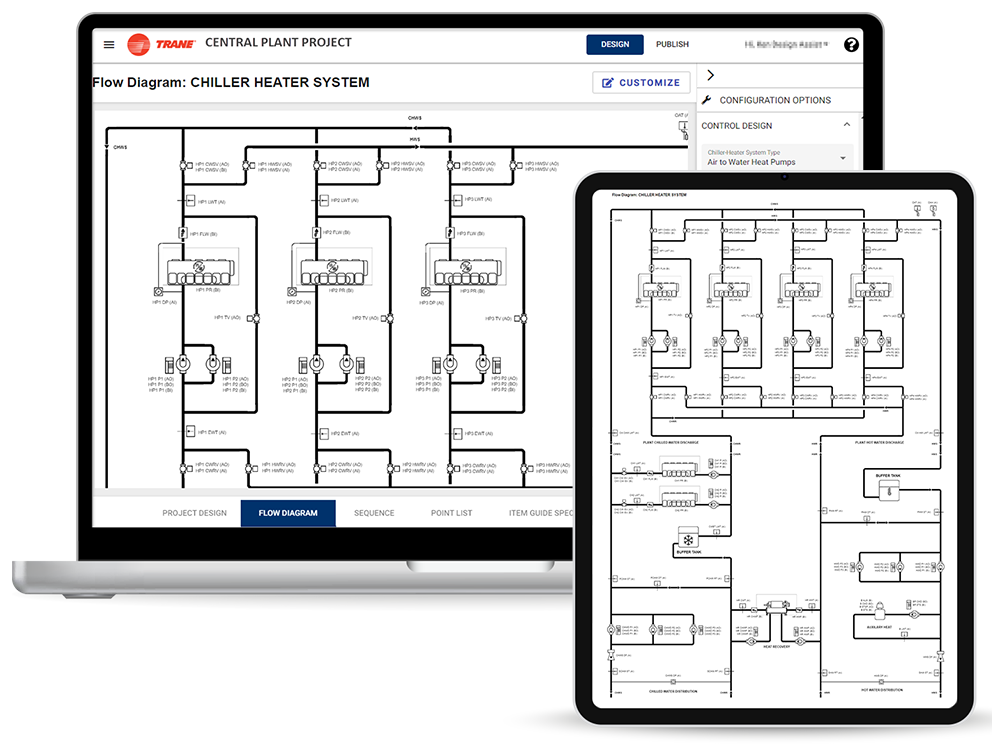 Schéma de flux Trane Design Assist pour les systèmes de refroidissement-chauffage