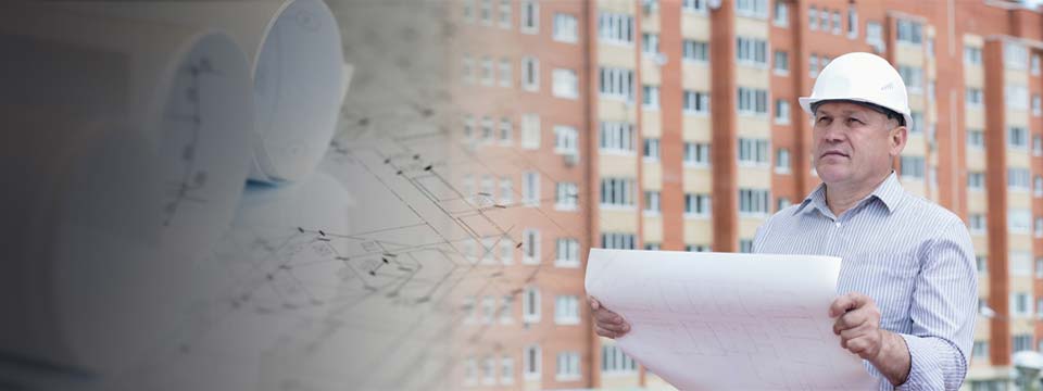 Collage with engineer on a background with building and construction plans