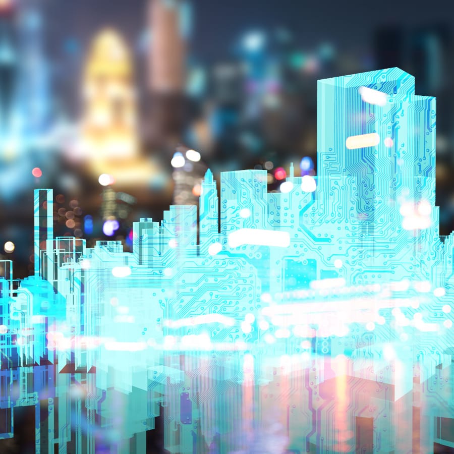 Power grid , smart city energy , electric Energy Distribution chain industry technology concept.  3D rendering of building and blur city bokeh background.