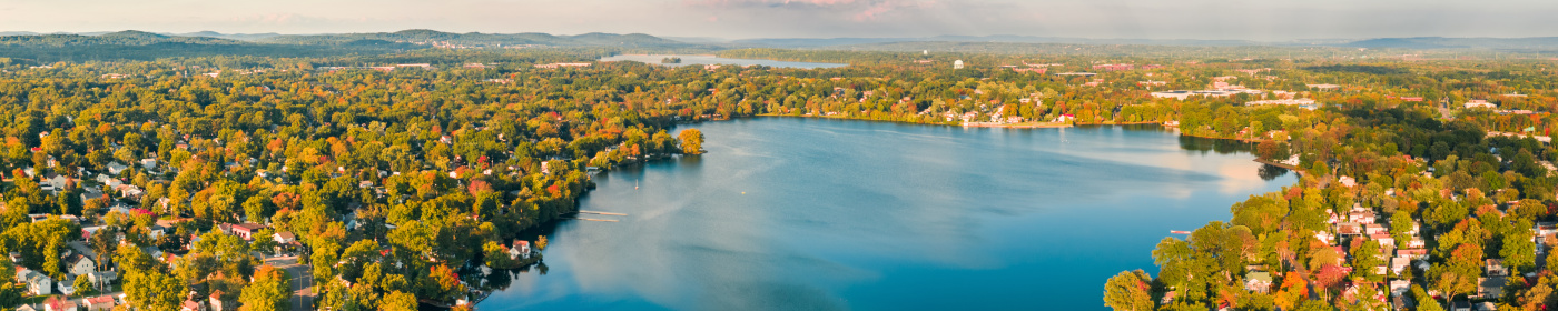 Aerial panorama of Lake Parsippany, in New Jersey, on an sunny autumn afternoon